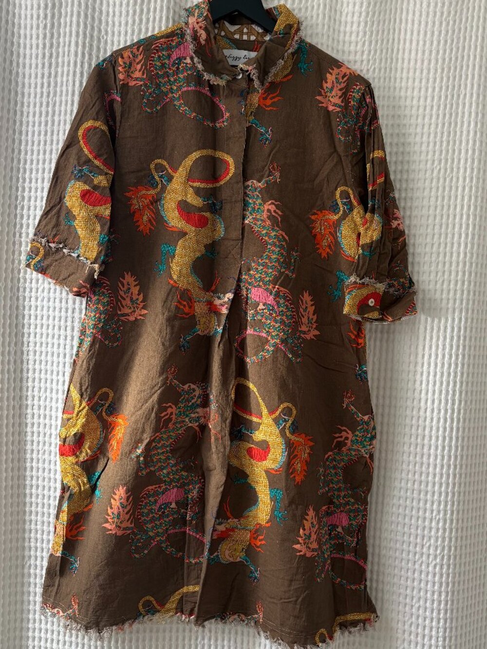 Dizzy Lizzie Chatham linen blend olive dragon print lagenlook women's dress sz L